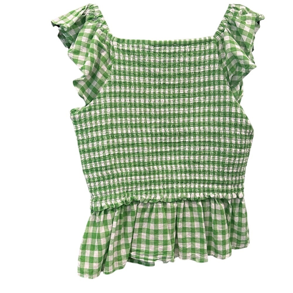 Green Gingham Smocked Ruffle Sleeve Top Cottagecore Summer Blouse - Picture 4 of 7